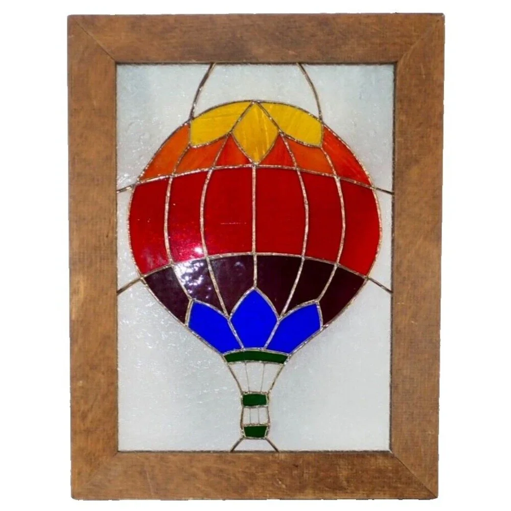 Rainbow Hot Air Balloon Stained Glass Wood Framed Window Panel 13